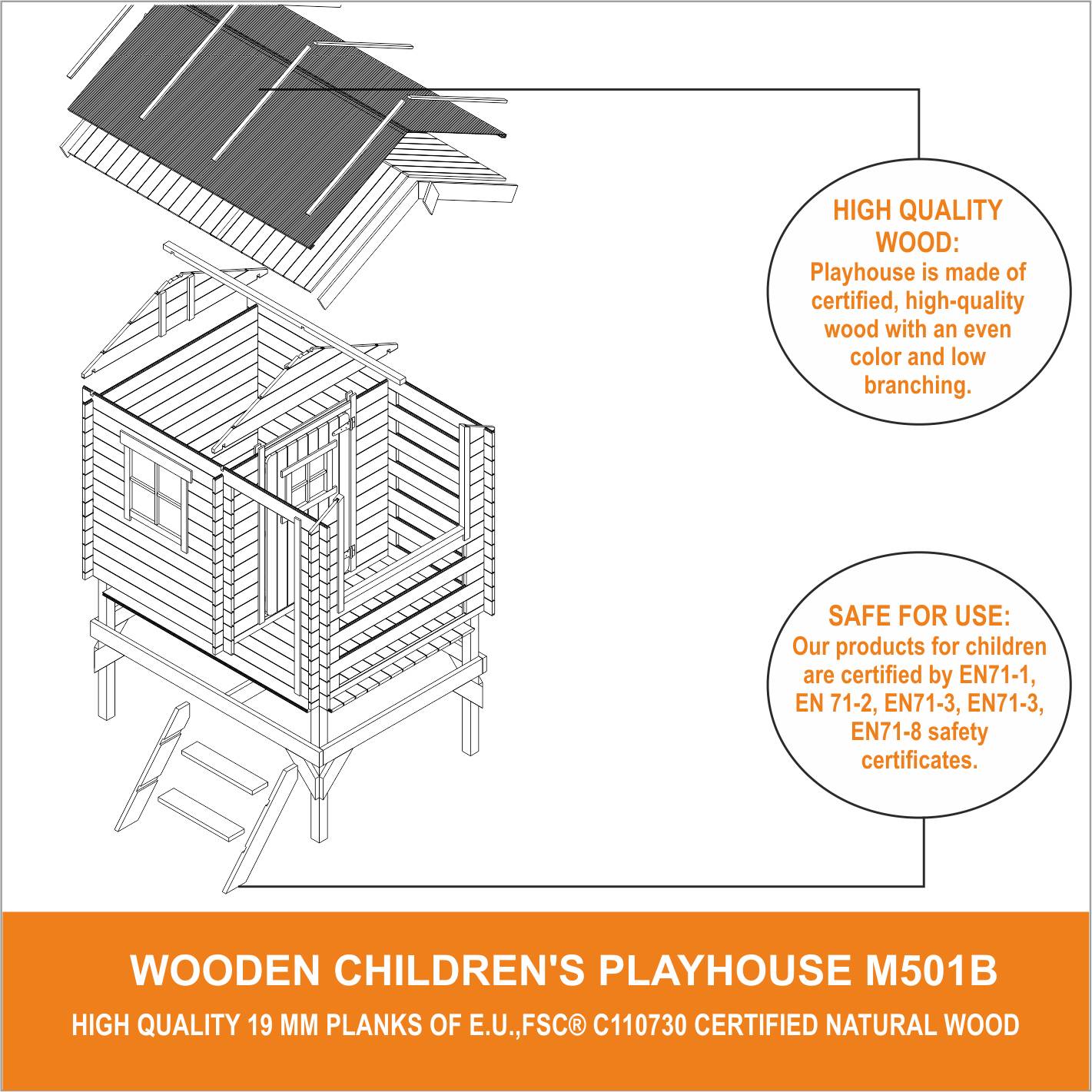 Timbela - Maison en bois pour enfants 182x146xH205 cm / 1.1 m² - Maison jardin enfant exterieur bois - 19 mm d’épaisseur - Timbela M501B - Imagen 8