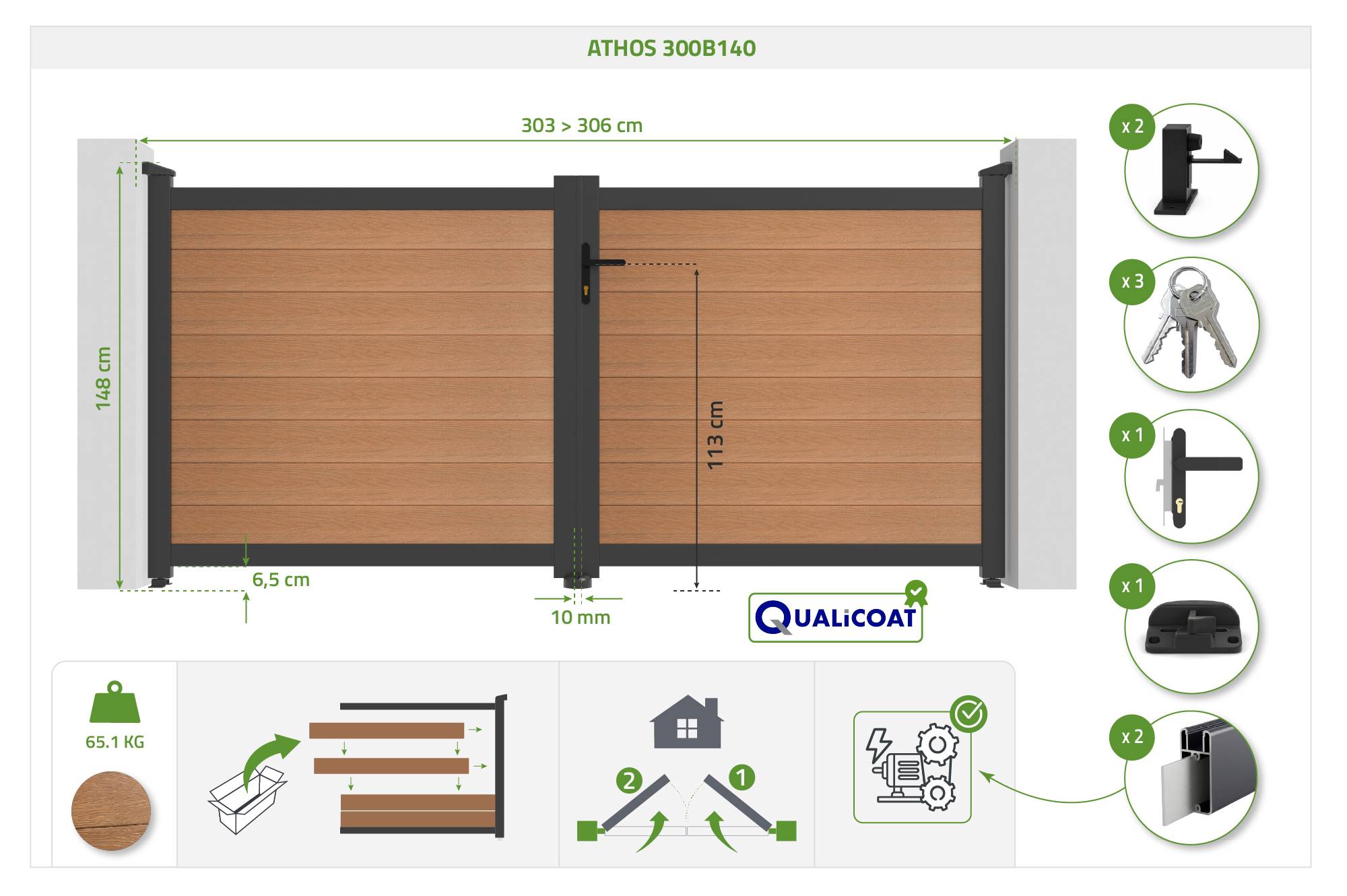 Casanoov Portail bois composite battant 3m ATHOS H.140cm teck avec cadre aluminium + motorisation BUNKER B500 - Image 2