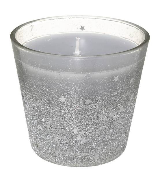 Bougie Argent dans un Pot en verre pailleté et étoilé 190G
