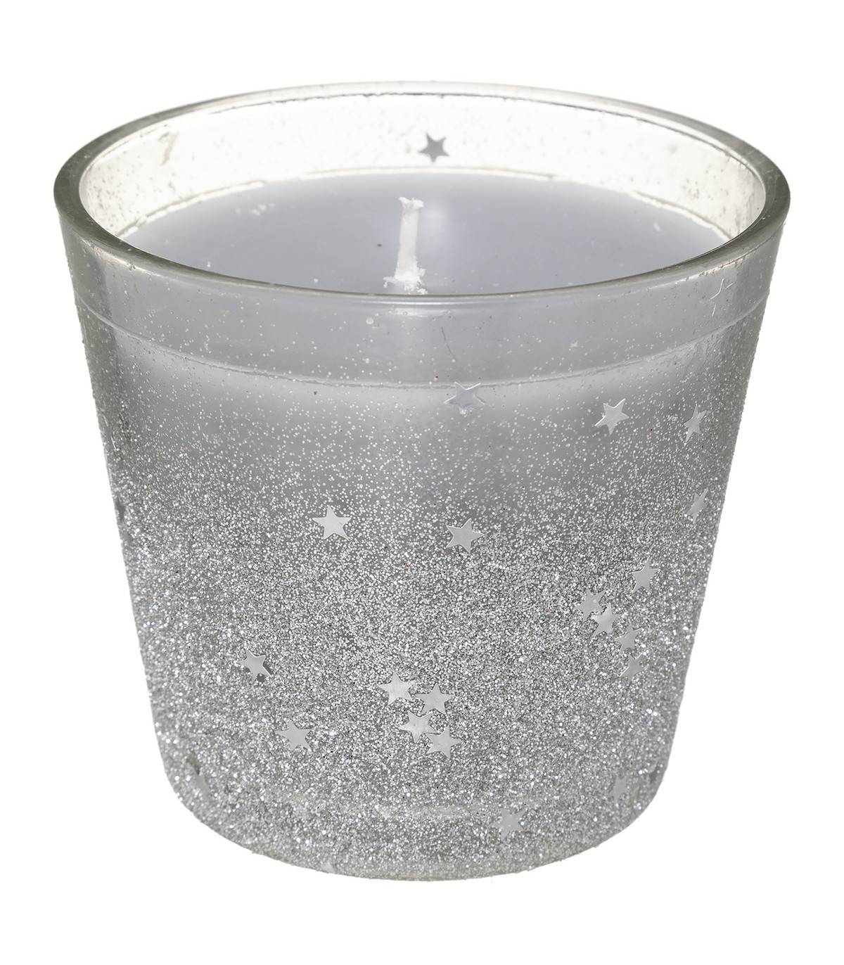 Bougie Argent dans un Pot en verre pailleté et étoilé 190G
