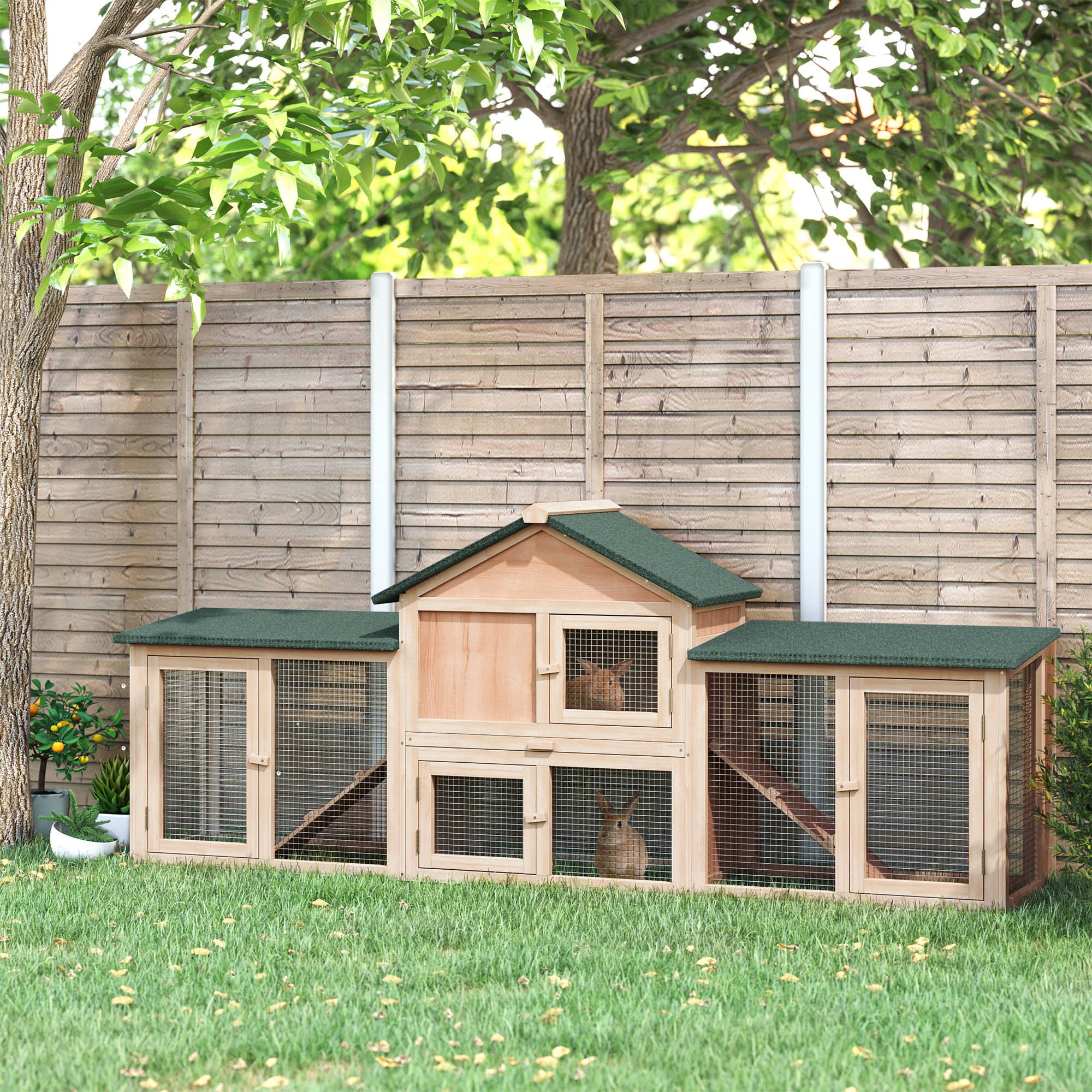Sans Marque - Clapier cage à lapins rongeurs XXL clapier nain 2 étages toit bitumé intégral tiroir déjection 210L x 45,5l x 84,5H cm bois massif pin pré-huilé - Image 3