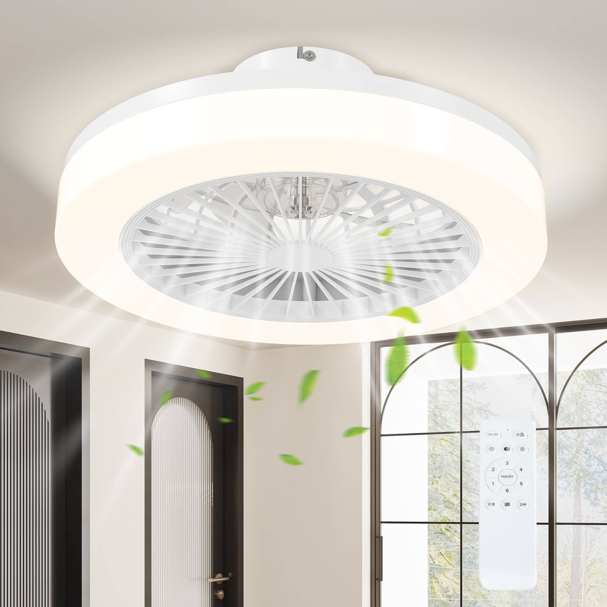 Sans Marque - Ventilateur plafond lumière télécommande 6 vitesses minuterie luminosité réglable blanc - Image 1