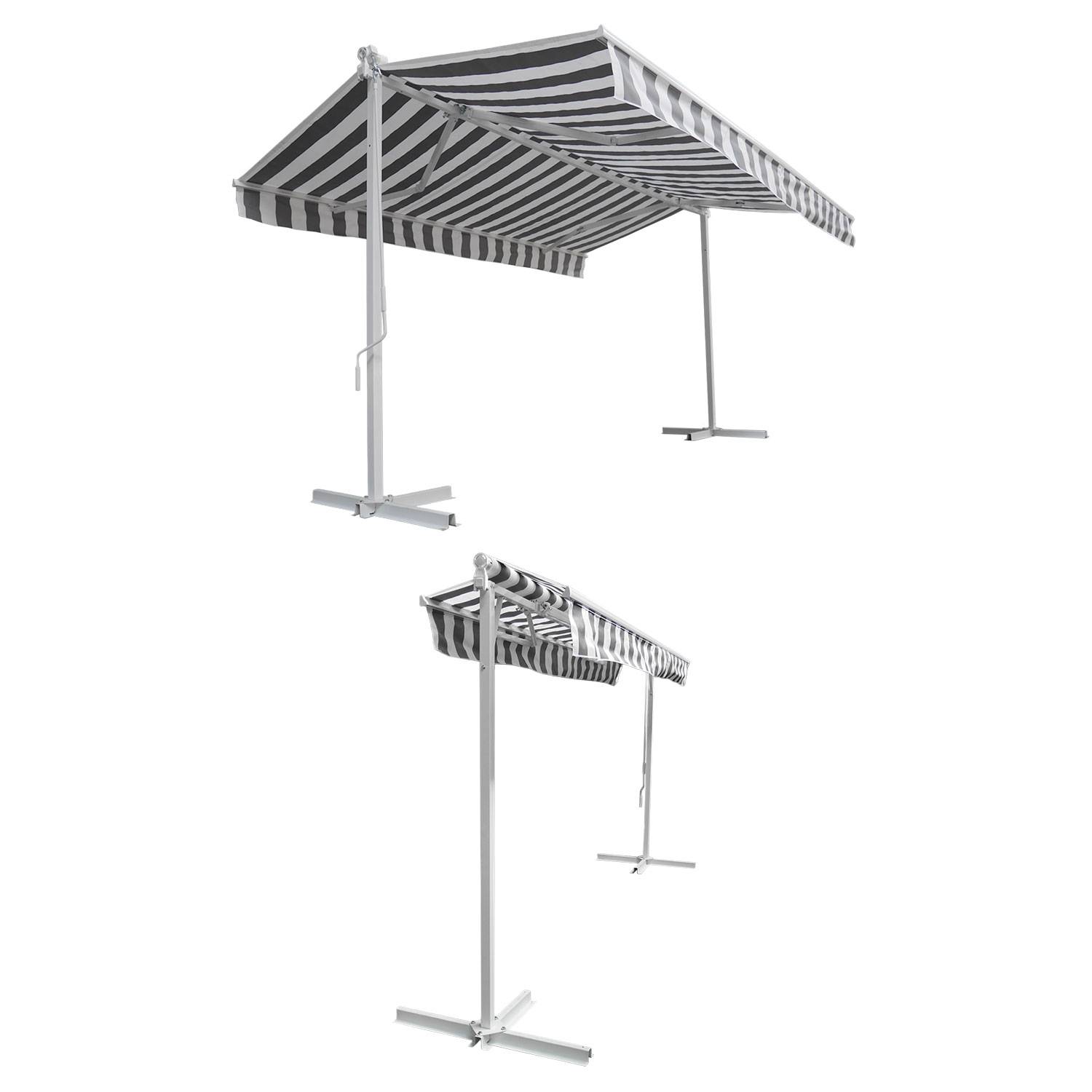 Store double pente FRENE sur pieds 3,95 x 3 m - Toile rayée blanche/grise et structure blanche - HAPPY GARDEN - Imagen 2