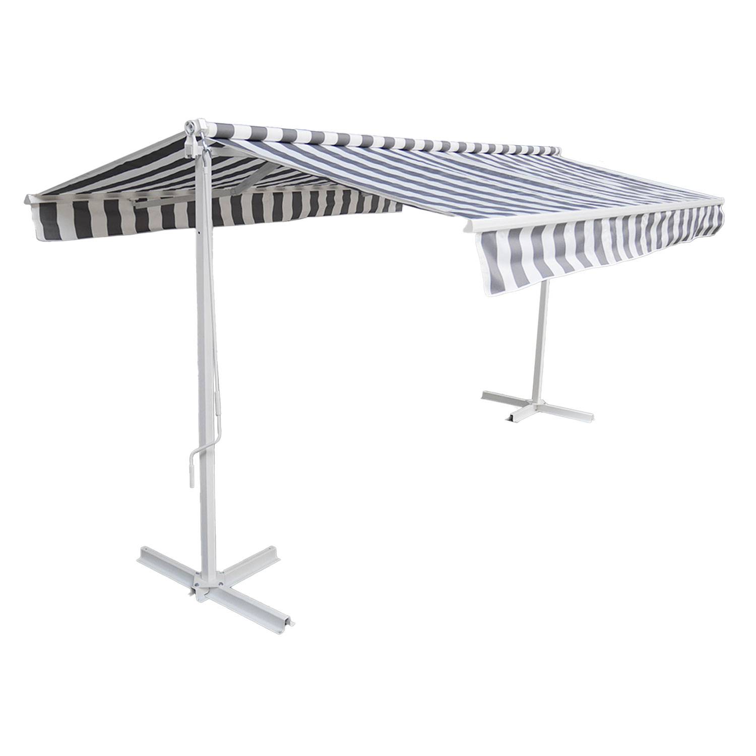 Store double pente FRENE sur pieds 3,95 x 3 m - Toile rayée blanche/grise et structure blanche - HAPPY GARDEN - Imagen 1