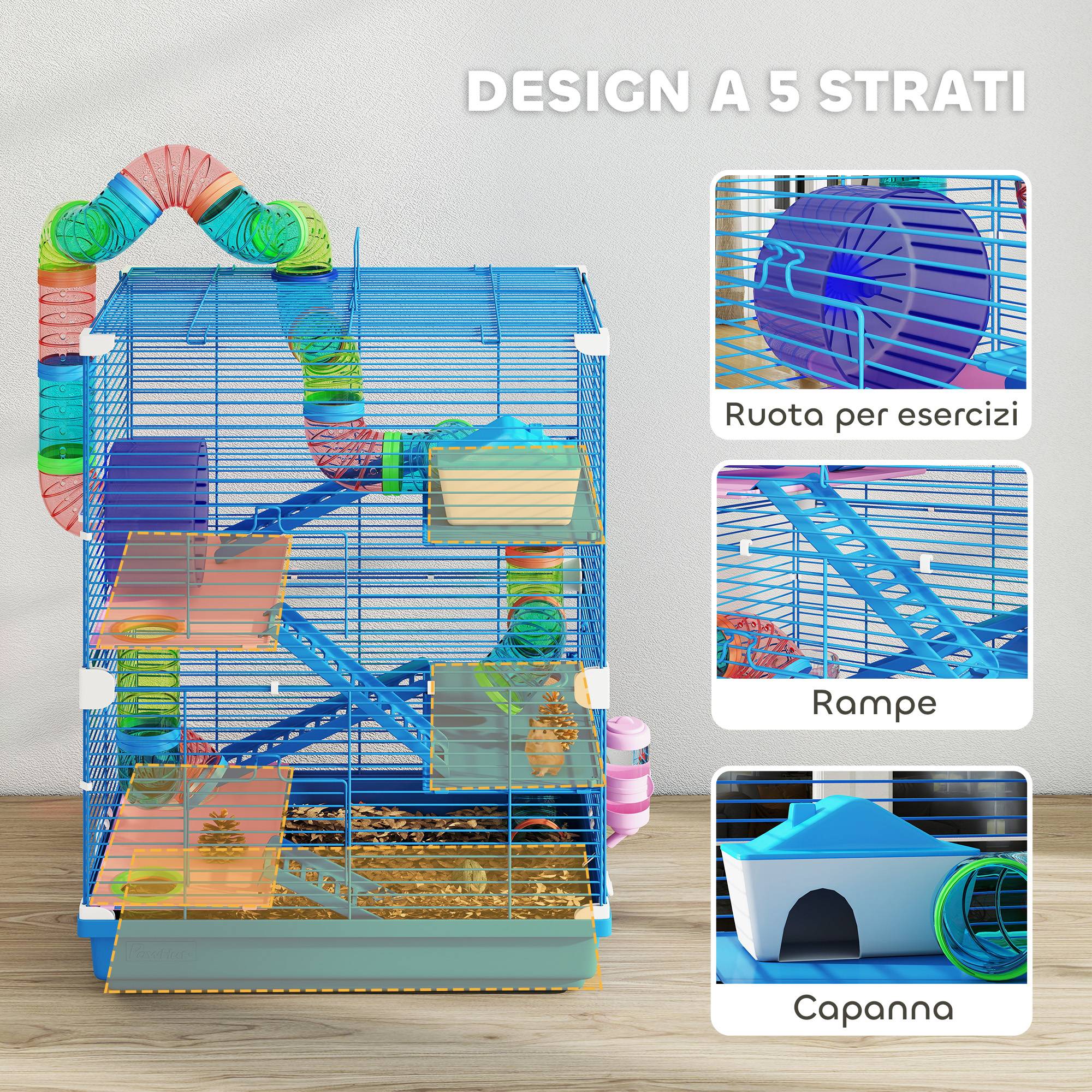 Cage pour hamsters 5 niveaux avec tubes, roue, échelles, maison et biberon, 46x30x58 cm - Image 8