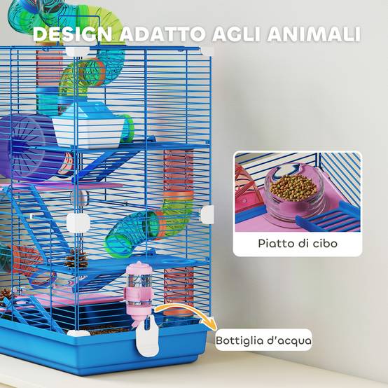 Cage pour hamsters 5 niveaux avec tubes, roue, échelles, maison et biberon, 46x30x58 cm - Image 7