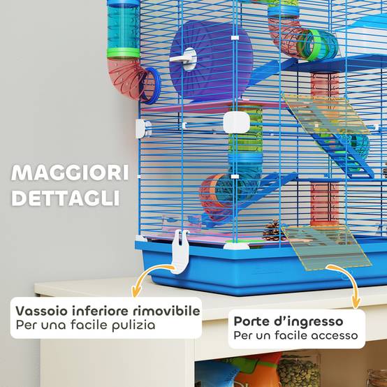 Cage pour hamsters 5 niveaux avec tubes, roue, échelles, maison et biberon, 46x30x58 cm - Image 9