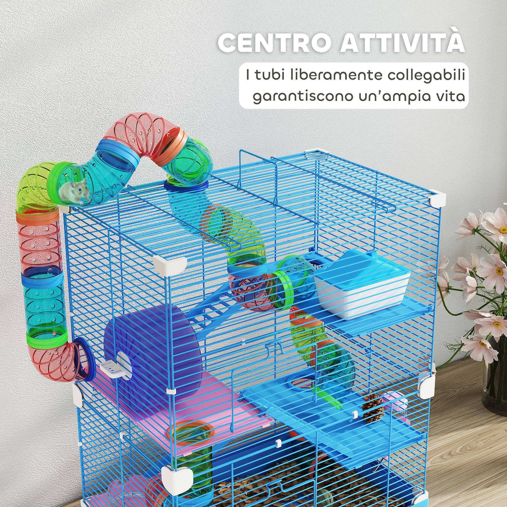 Cage pour hamsters 5 niveaux avec tubes, roue, échelles, maison et biberon, 46x30x58 cm - Image 6