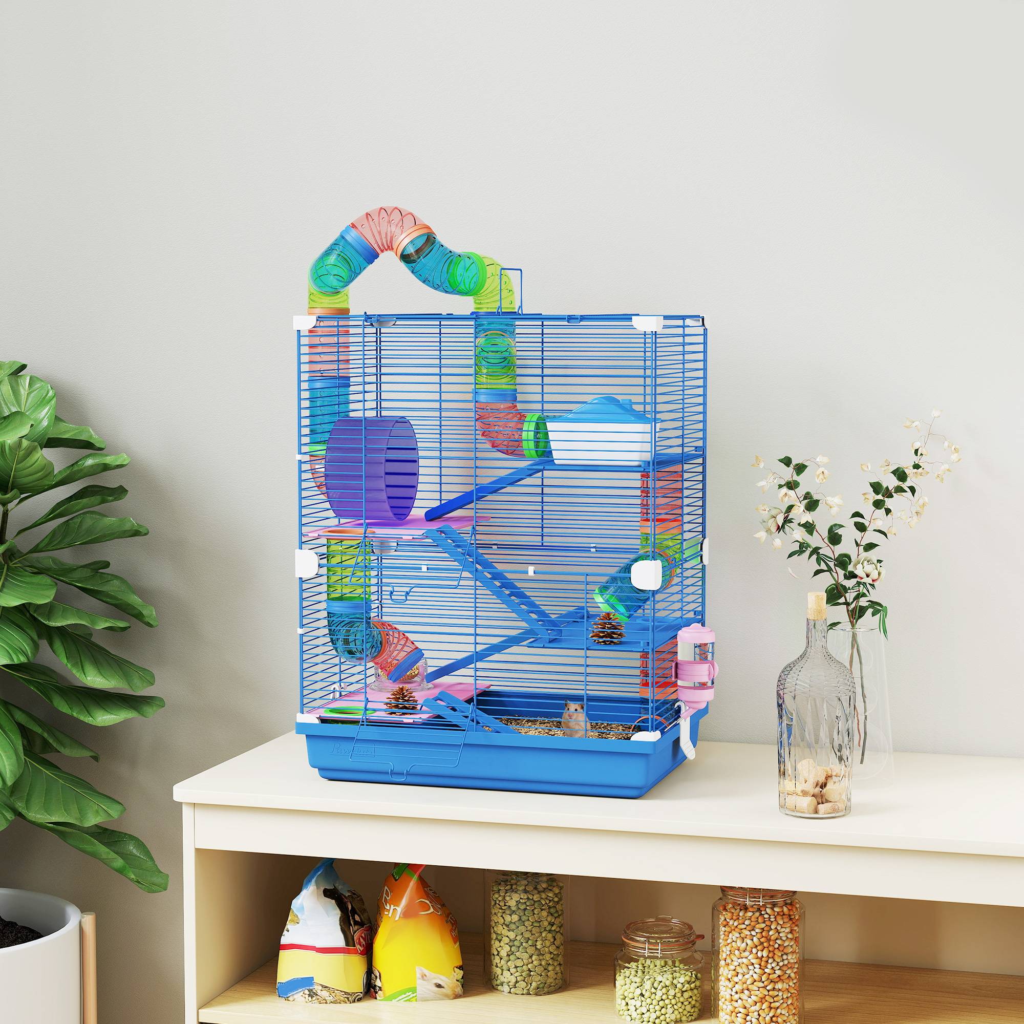 Cage pour hamsters 5 niveaux avec tubes, roue, échelles, maison et biberon, 46x30x58 cm - Image 3