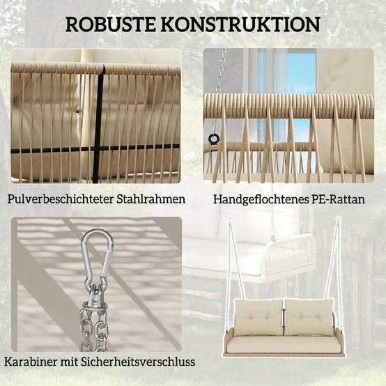 ComfortXL - Balancelle de jardin 2 places acier résine tressée beige 115 x 66 x 44 cm avec coussins pour terrasse et balcon - Image 6