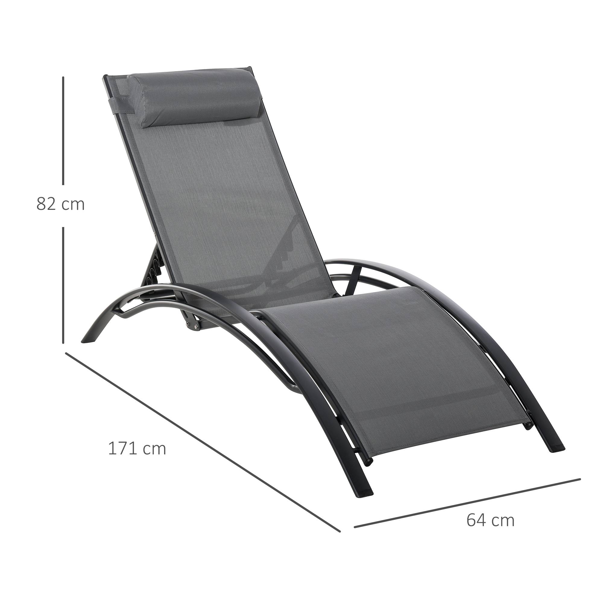 Chaise Longue Aluminium Inclinable 5 Positions avec Appui-Tête Amovible, Textilène, Jardin/Terrasse/Balcon, 171 x 64 x 82 cm, Gris - Image 5