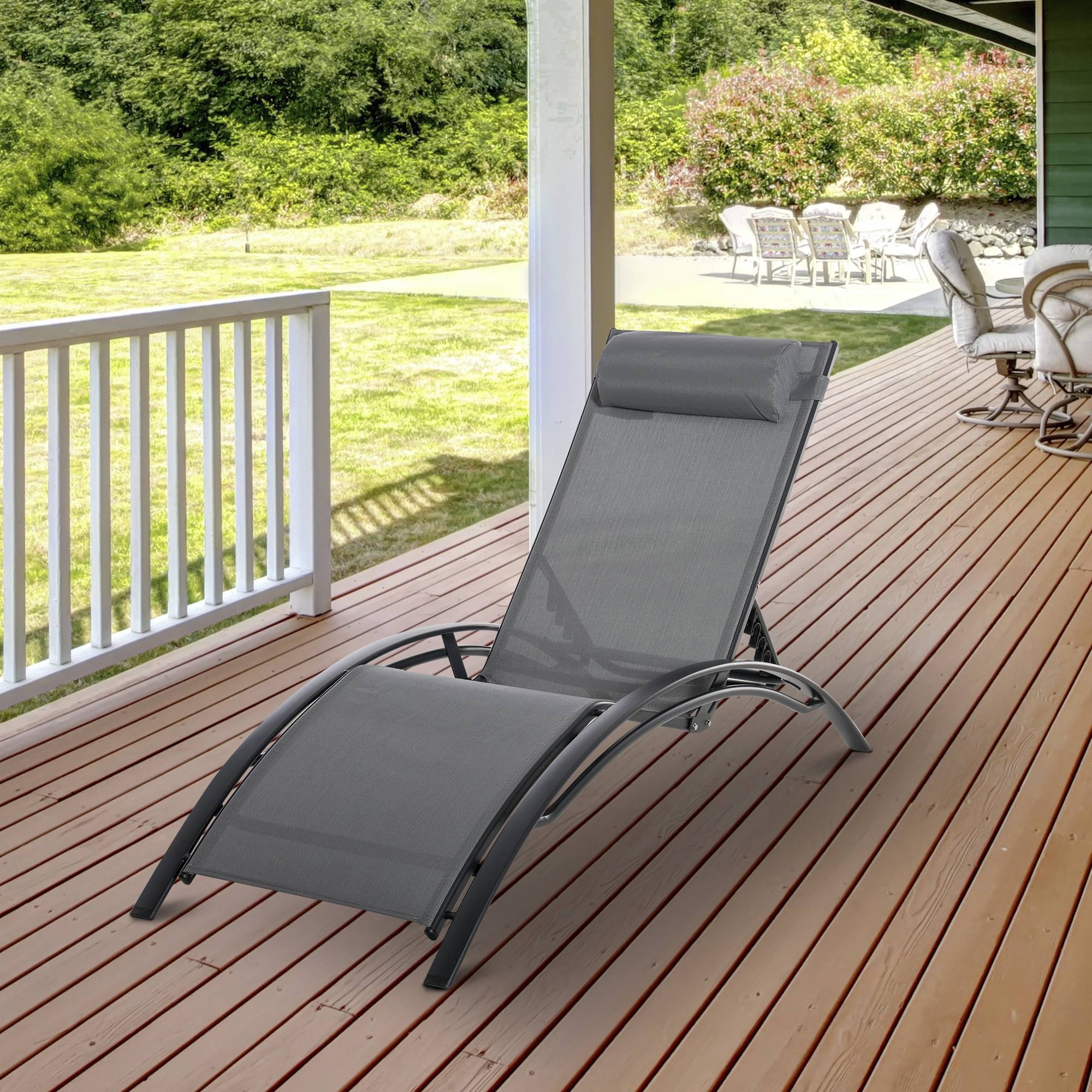 Chaise Longue Aluminium Inclinable 5 Positions avec Appui-Tête Amovible, Textilène, Jardin/Terrasse/Balcon, 171 x 64 x 82 cm, Gris - Image 4