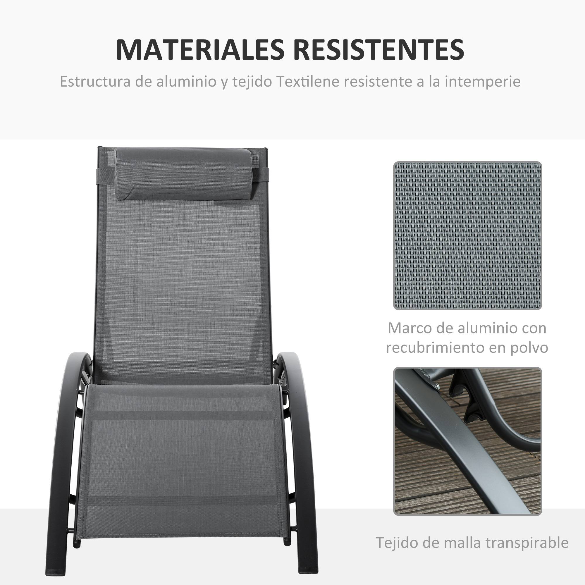 Chaise Longue Aluminium Inclinable 5 Positions avec Appui-Tête Amovible, Textilène, Jardin/Terrasse/Balcon, 171 x 64 x 82 cm, Gris - Image 8