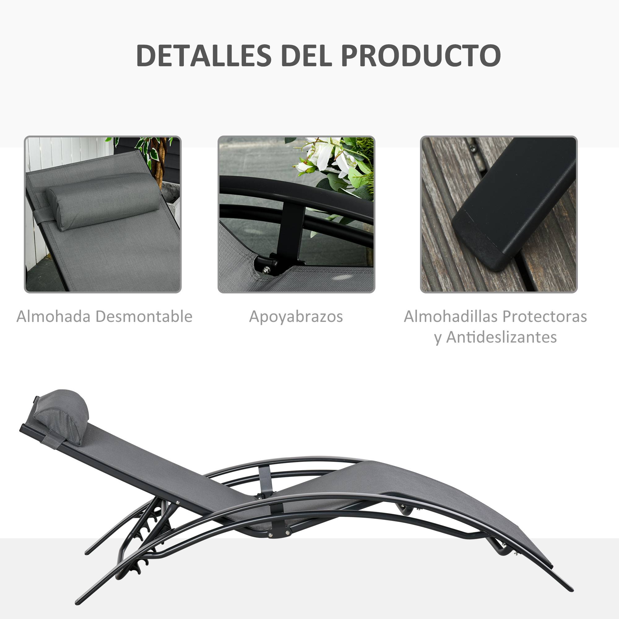 Chaise Longue Aluminium Inclinable 5 Positions avec Appui-Tête Amovible, Textilène, Jardin/Terrasse/Balcon, 171 x 64 x 82 cm, Gris - Image 7