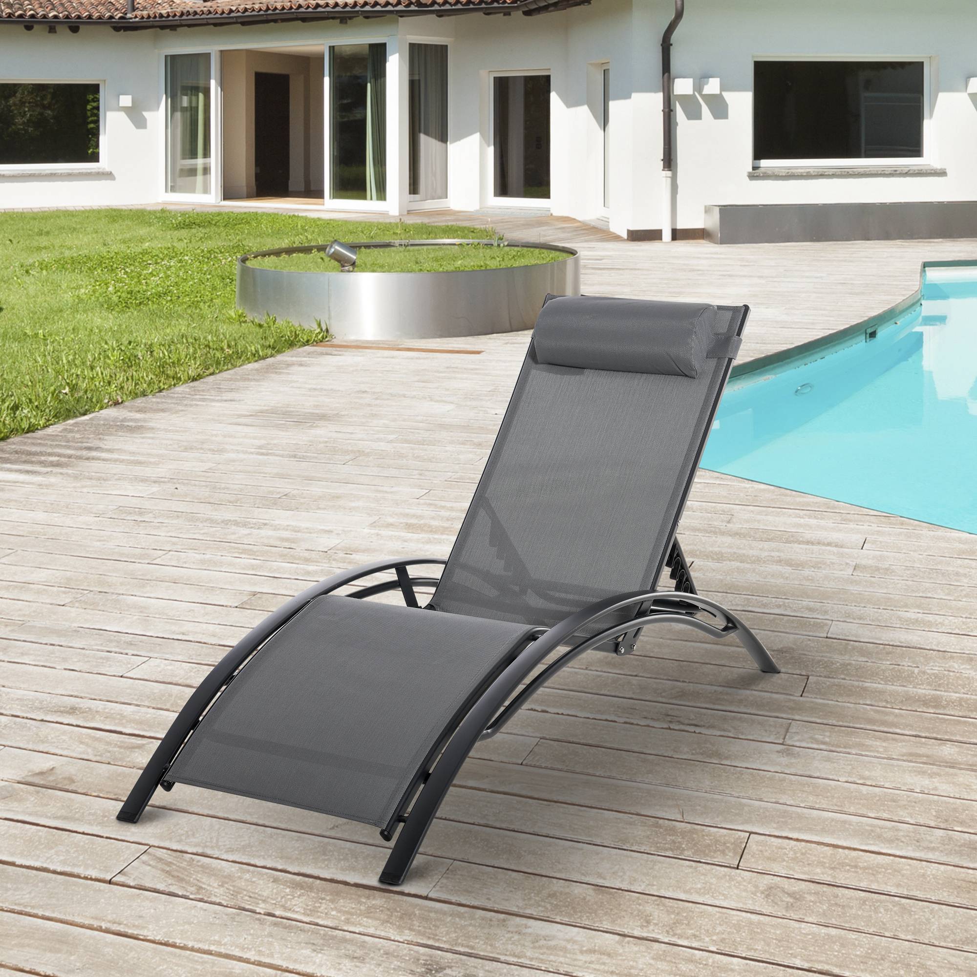 Chaise Longue Aluminium Inclinable 5 Positions avec Appui-Tête Amovible, Textilène, Jardin/Terrasse/Balcon, 171 x 64 x 82 cm, Gris - Image 9