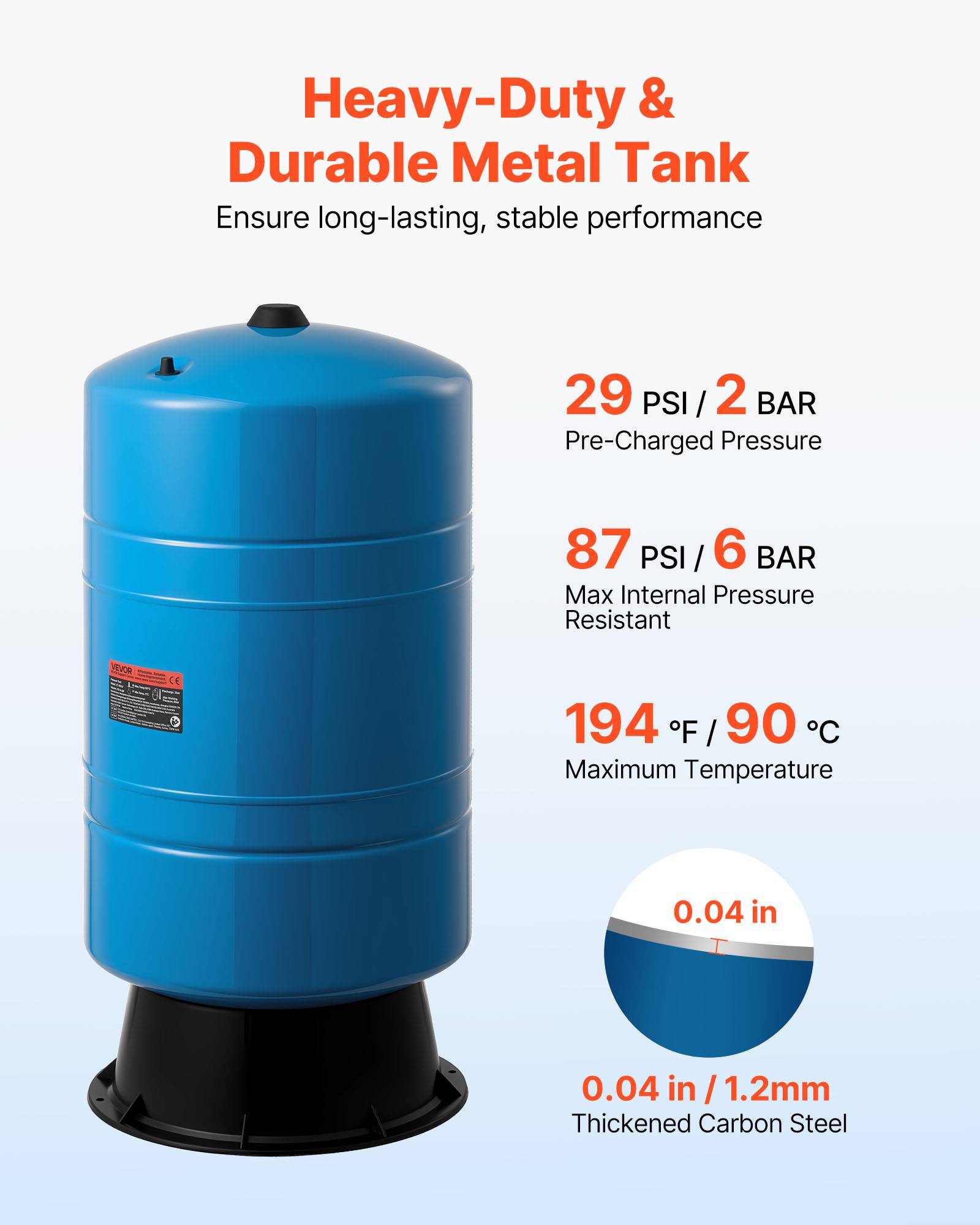 Vevor - VEVOR Réservoir à Pression Vertical Préchargé pour Puits 75,7 L Acier au Carbone - Image 3