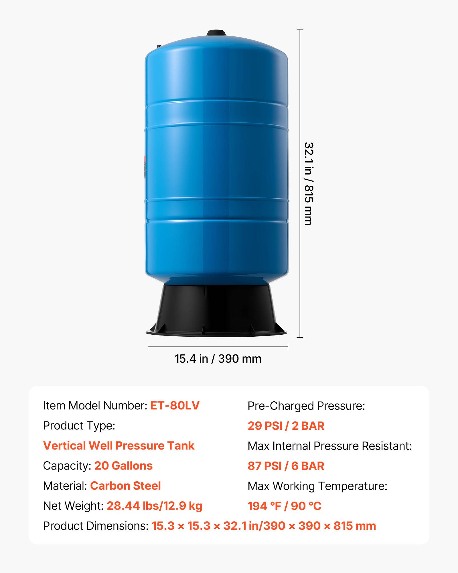 Vevor - VEVOR Réservoir à Pression Vertical Préchargé pour Puits 75,7 L Acier au Carbone - Image 7