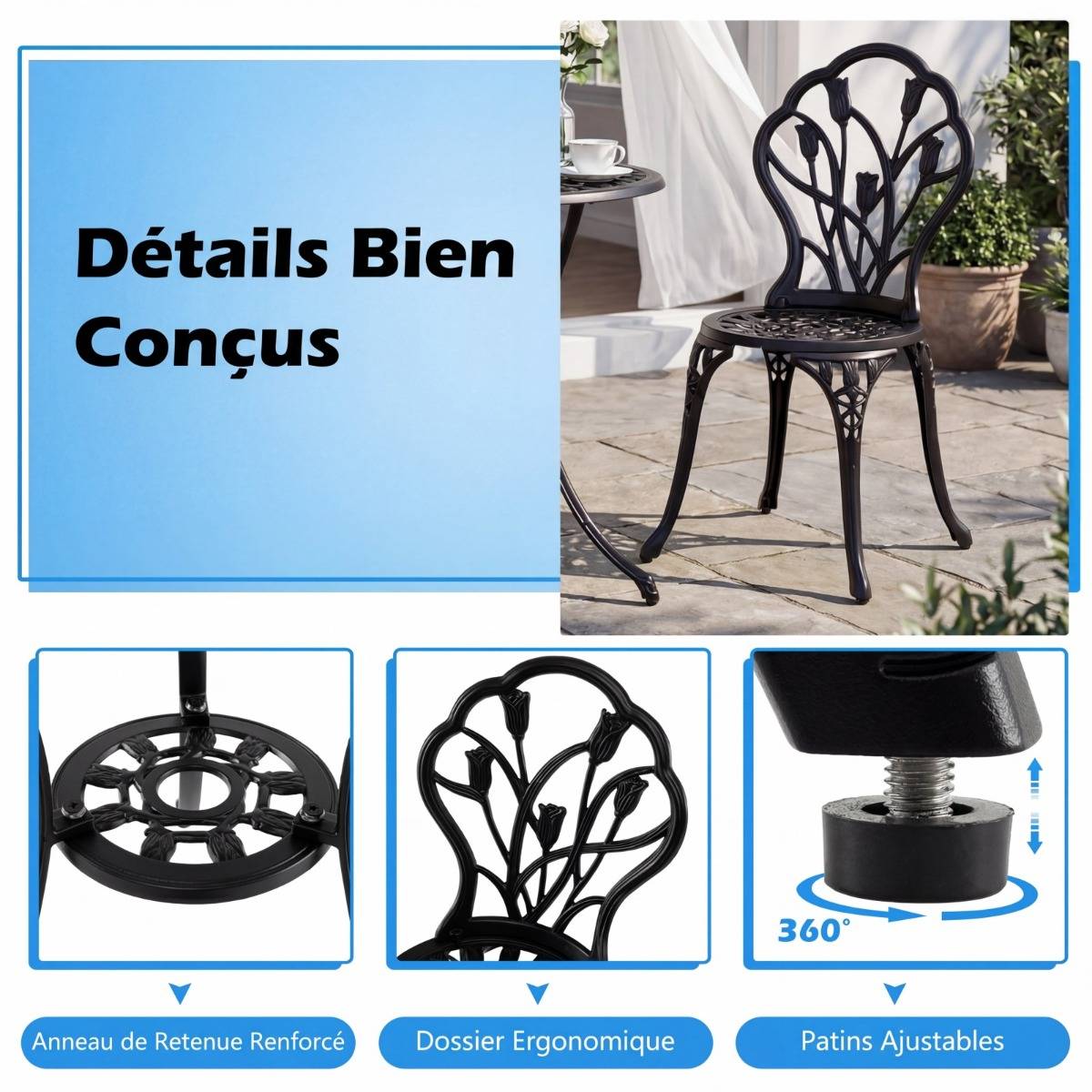 Salon de Jardin Fonte d'Aluminium Table et Chaises Extérieures Résistantes aux Intempéries avec Trou pour Parasol MAISON CHIC - Image 7