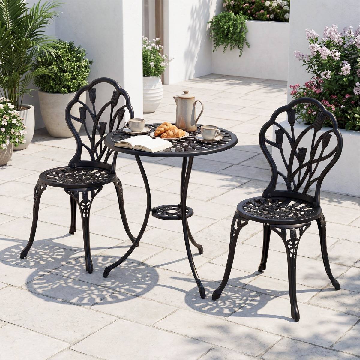 Salon de Jardin Fonte d'Aluminium Table et Chaises Extérieures Résistantes aux Intempéries avec Trou pour Parasol MAISON CHIC - Image 2