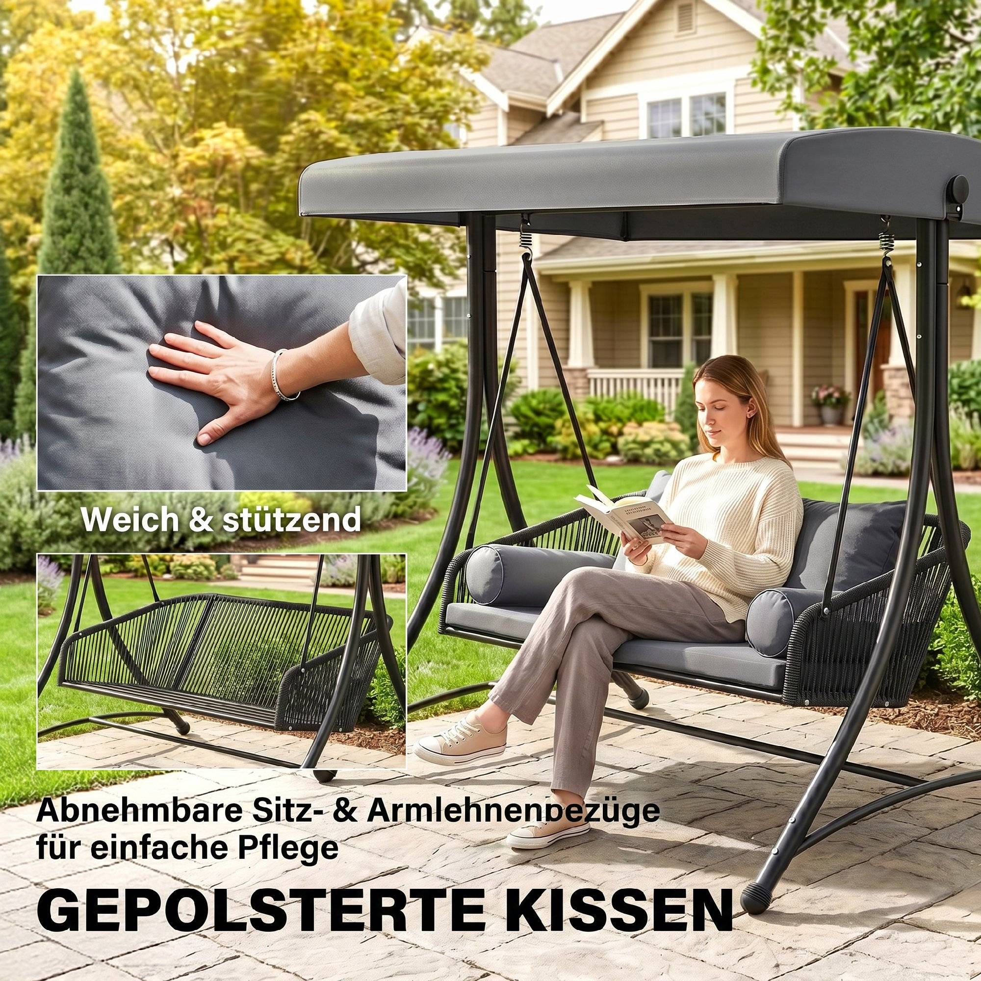 ComfortXL - Balancelle de jardin 2 places métal et résine tressée gris foncé avec toit réglable et coussins confort - Image 8