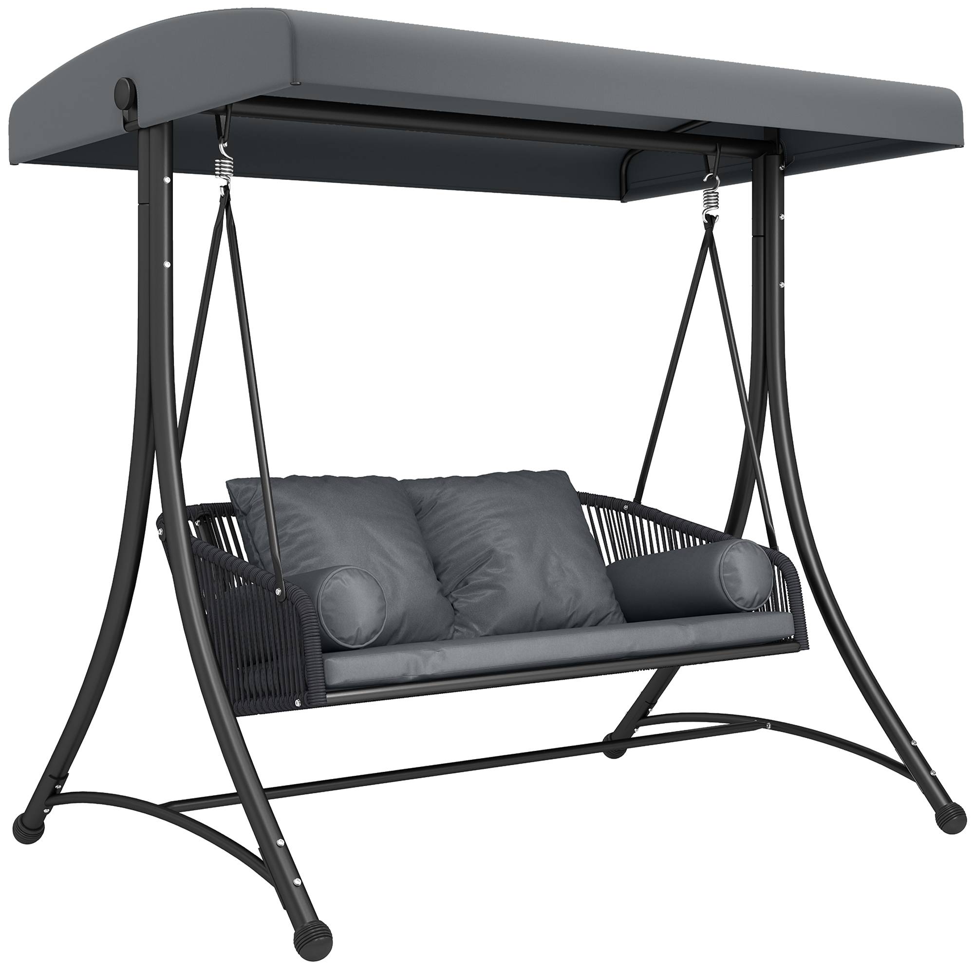 ComfortXL - Balancelle de jardin 2 places métal et résine tressée gris foncé avec toit réglable et coussins confort - Image 10