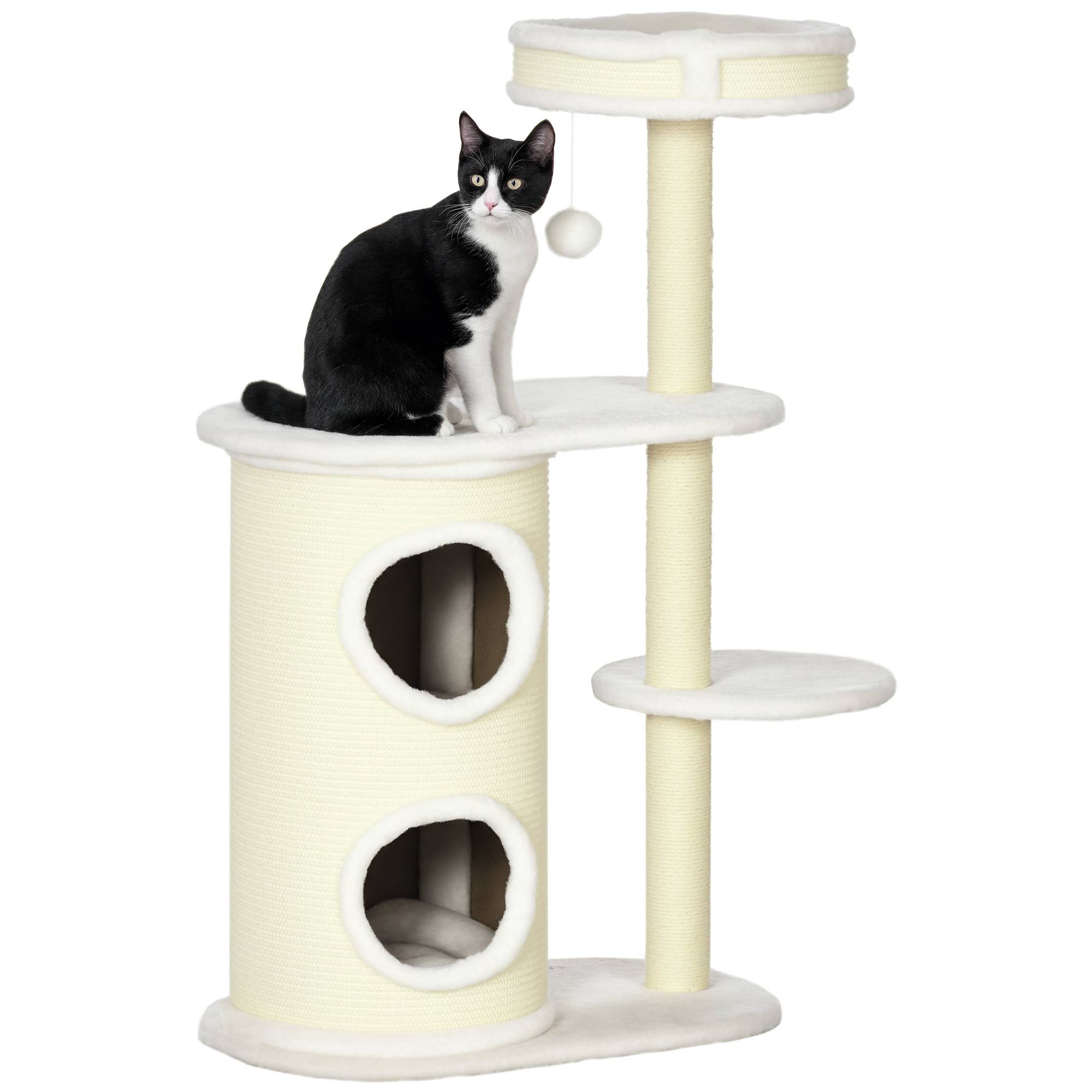 Arbre à chat PawHut avec colonne à griffer, 1 lit et jouets, 59 x 35 x 100 cm, blanc crème
