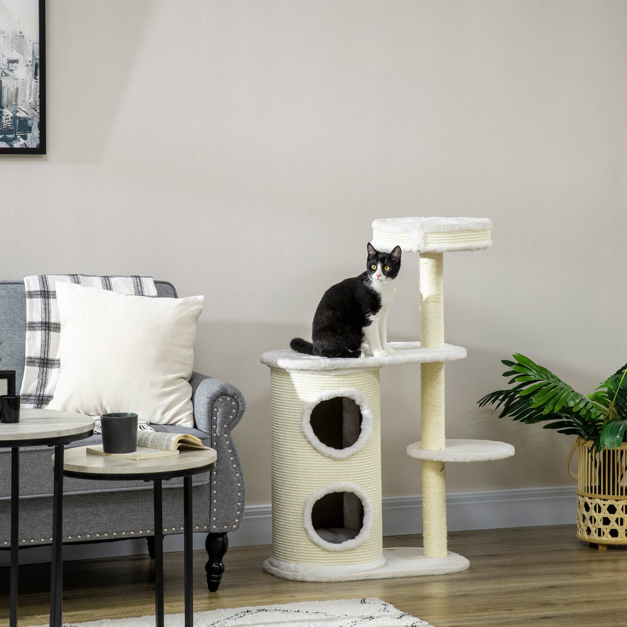Arbre à chat PawHut avec colonne à griffer, 1 lit et jouets, 59 x 35 x 100 cm, blanc crème - Image 3