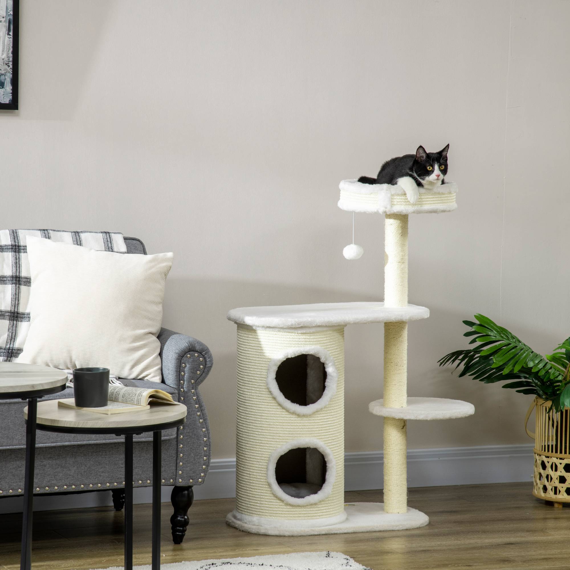Arbre à chat PawHut avec colonne à griffer, 1 lit et jouets, 59 x 35 x 100 cm, blanc crème - Image 9