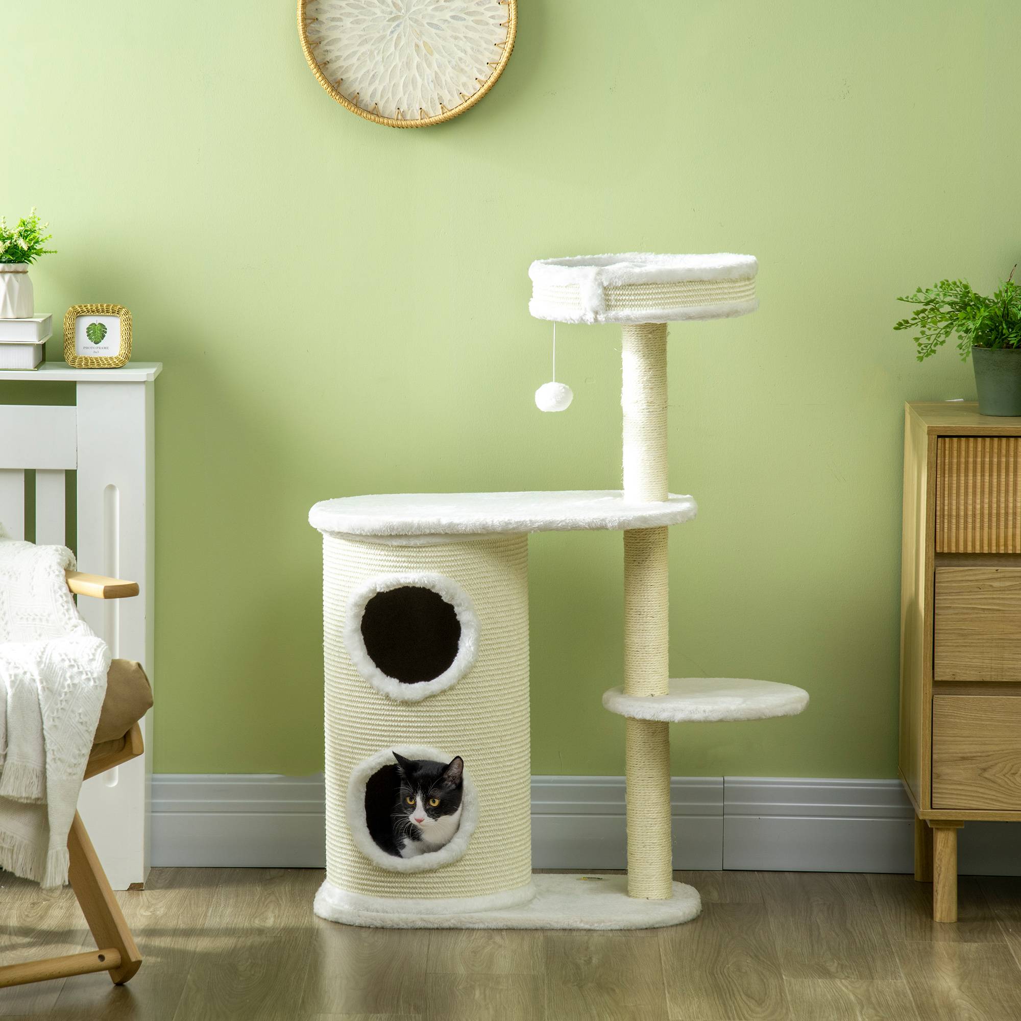 Arbre à chat PawHut avec colonne à griffer, 1 lit et jouets, 59 x 35 x 100 cm, blanc crème - Image 4