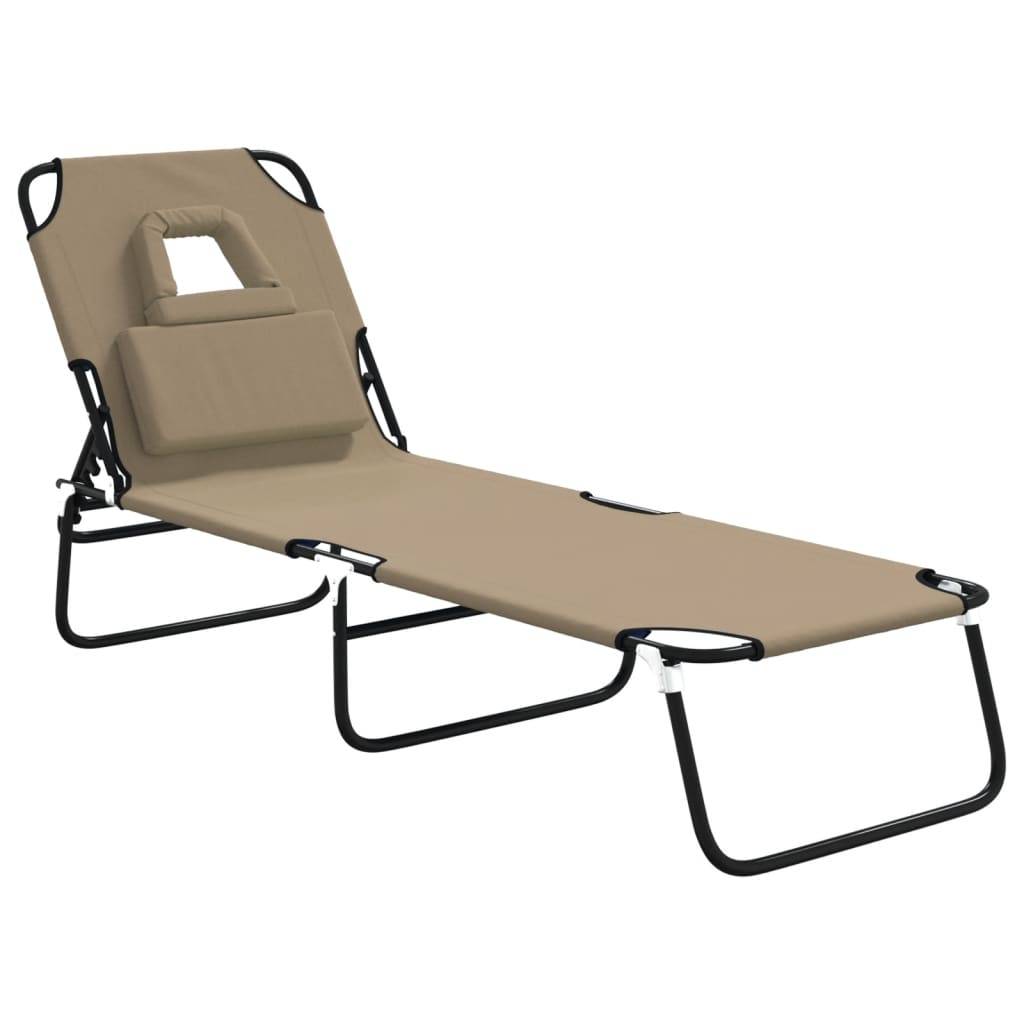 Chaise longue | Transat | Bain de soleil pliante taupe tissu oxford acier enduit de poudre - Image 1