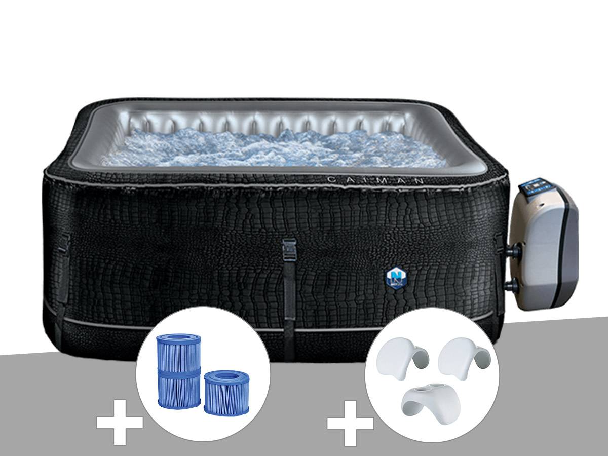 Netspa - Spa gonflable Netspa Caïman carré Bulles 4 places + 3 cartouches de filtration + 2 appuie-têtes + 1 porte-gobelet