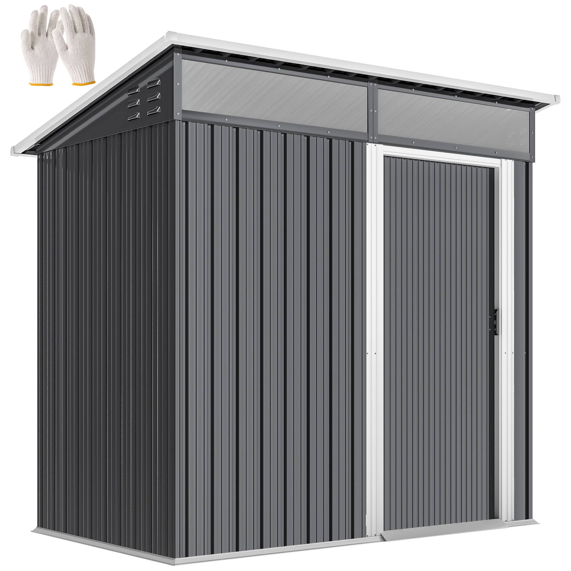 Abri de jardin en métal avec porte coulissante, fenêtres et ventilation pour le rangement extérieur 195 x 122 x 159/182 cm Gris - Image 1