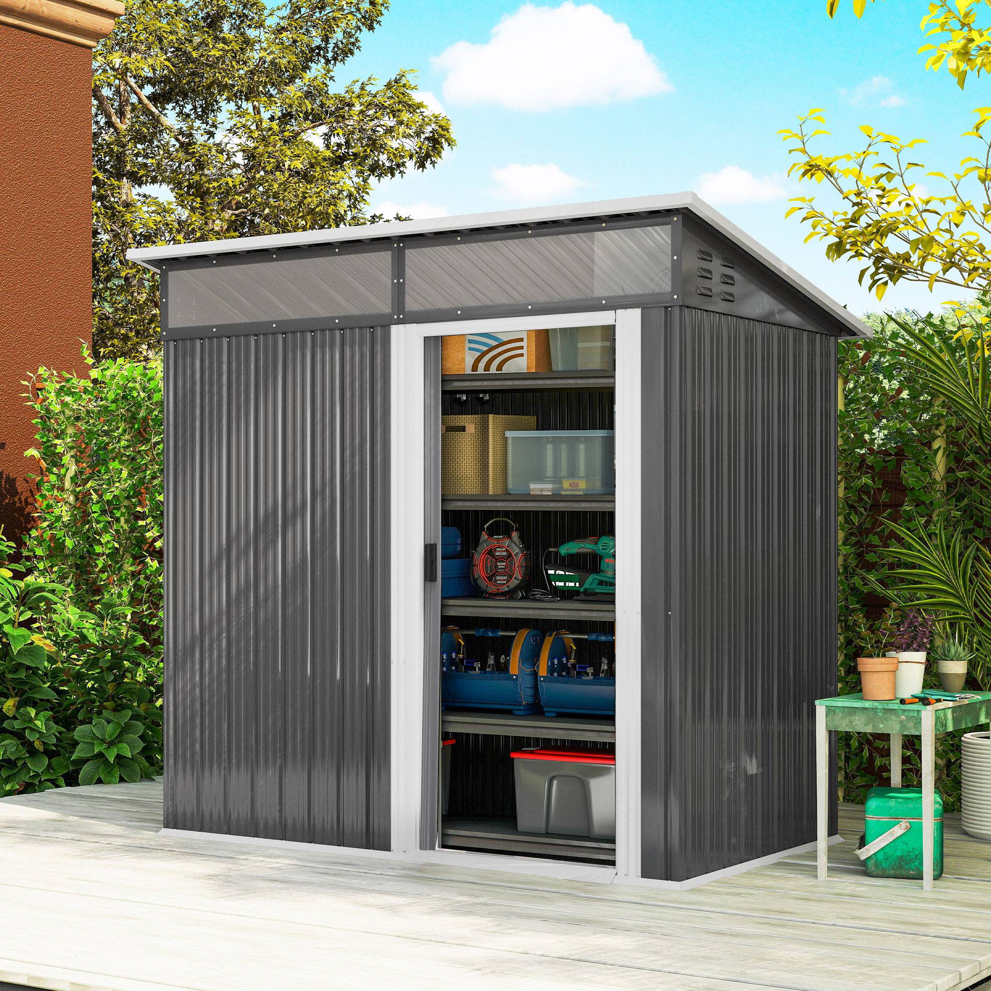 Abri de jardin en métal avec porte coulissante, fenêtres et ventilation pour le rangement extérieur 195 x 122 x 159/182 cm Gris - Image 3