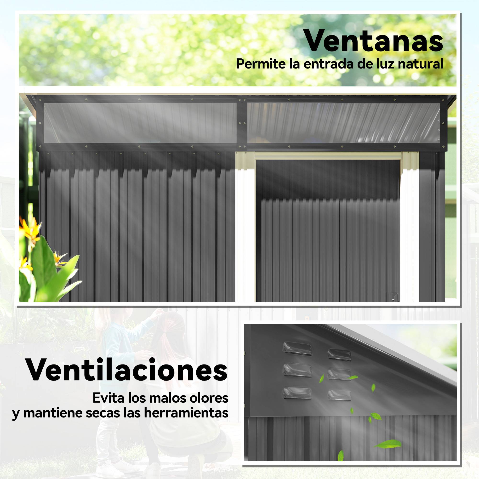 Abri de jardin en métal avec porte coulissante, fenêtres et ventilation pour le rangement extérieur 195 x 122 x 159/182 cm Gris - Image 8