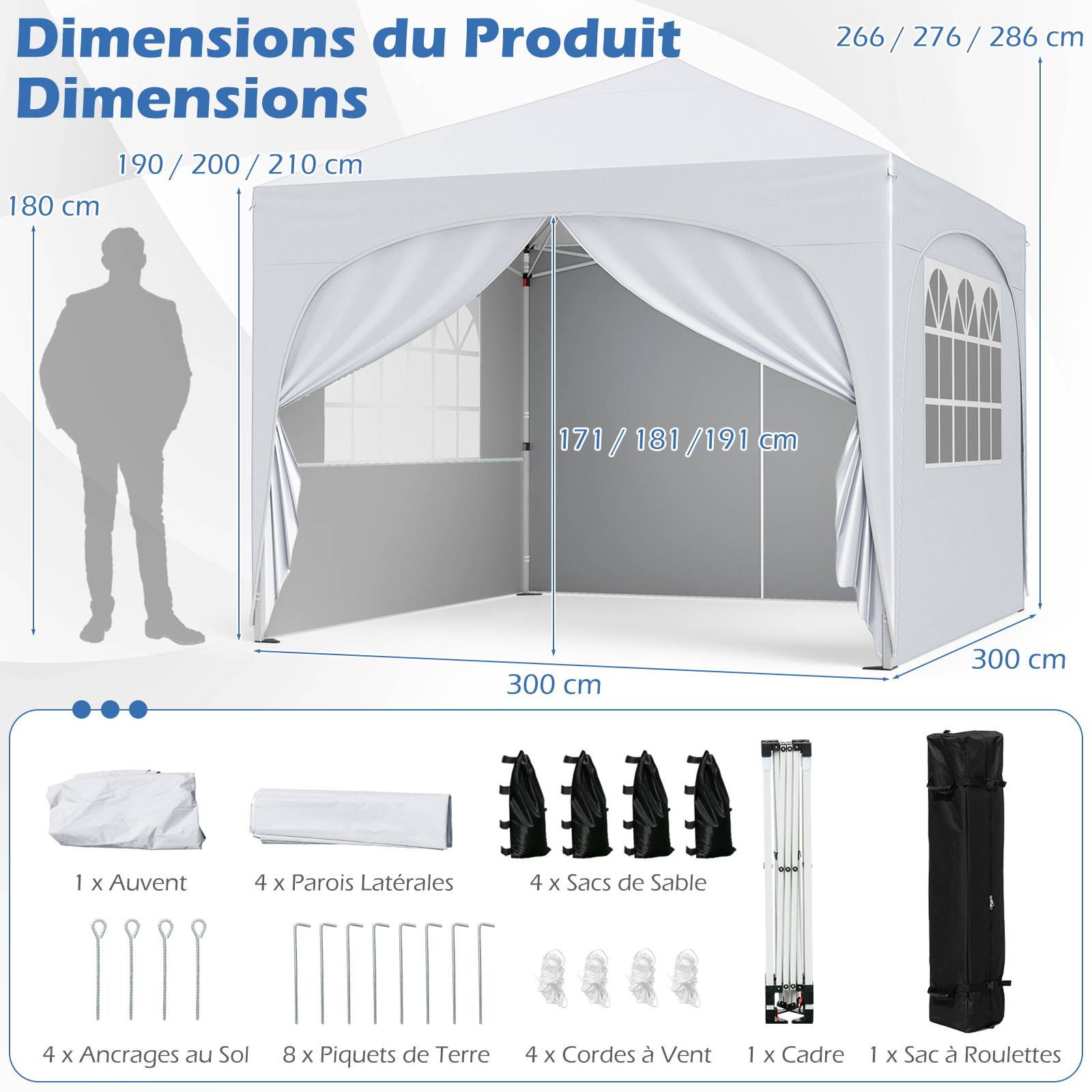 Costway - Tonnelle de Jardin 3x3M avec 4 Parois Latérales Amovibles, Tente de Reception Portable avec Sac à roulettes 8 Piquets 4 Cordes à Vent 4 Sacs, Blanc - Image 4