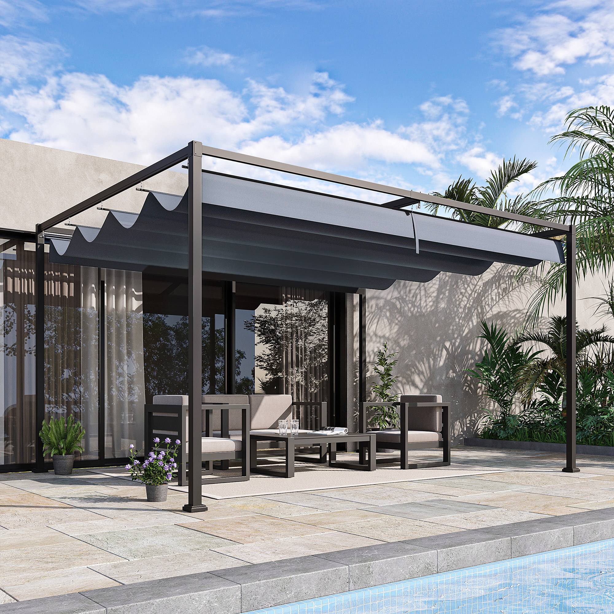 Outsunny - Pergola coulissante rétractable 4x3m structure métal époxy anticorrosion toile polyester 180g/m² gris foncé - Outsunny - Image 2