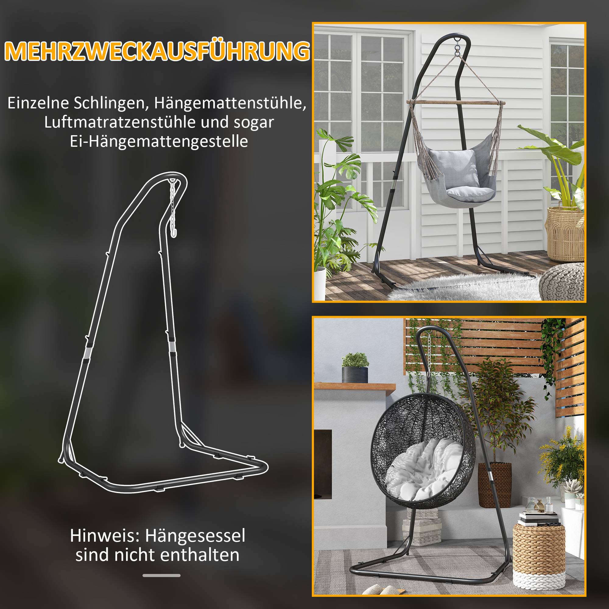 Support pour fauteuil suspendu métal extérieur hauteur réglable 133x116x230cm noir - ComfortXL Outdoor Living - Image 8