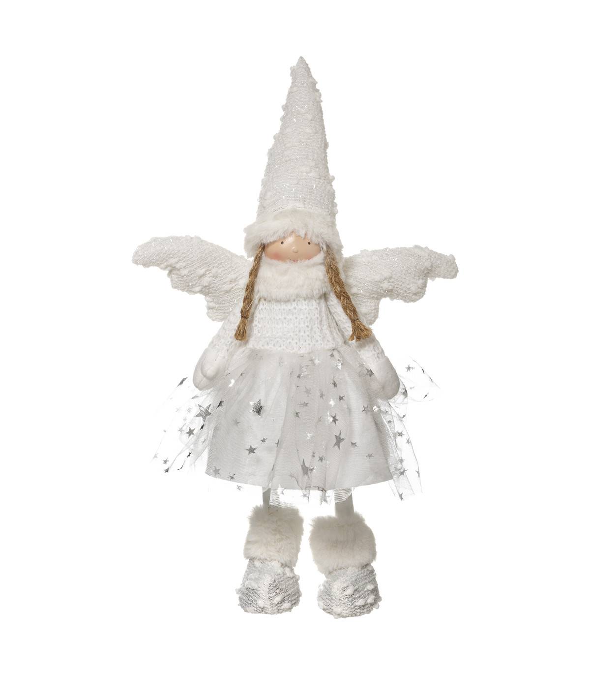 Fééric Lights & Christmas - Déco de Noël Poupée Ange blanc en jupe étoilée et bonnet H 42 cm