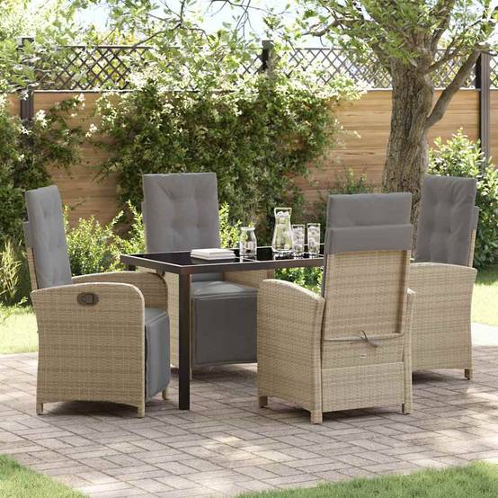 Table et Chaises de Jardin Repas Résine Tressée pour 4 Personnes Dossiers Inclinables Beige 5 pcs – ComfortXL Outdoor Living - Image 1
