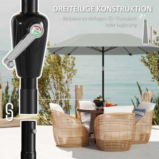 Parasol Rond Inclinable Manivelle Aluminium Jardin Terrasse Ø233cm Gris Foncé - ComfortXL Outdoor Living - Image 7