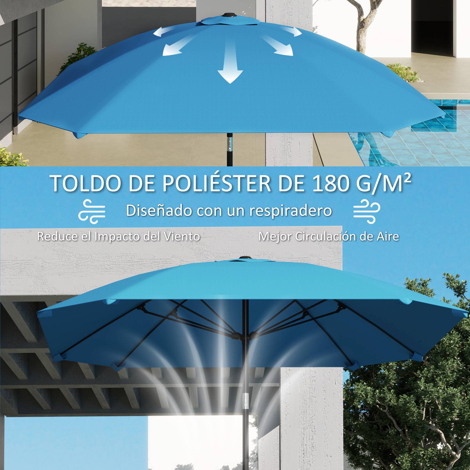 Parasol de jardin 233 x 233 cm, angle réglable, étanche, mât en aluminium, baleines en fibre de verre, manivelle, bleu - Image 7