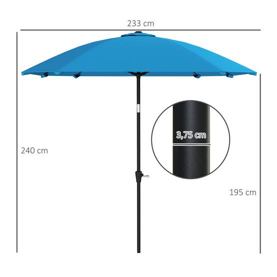 Parasol de jardin 233 x 233 cm, angle réglable, étanche, mât en aluminium, baleines en fibre de verre, manivelle, bleu - Image 5