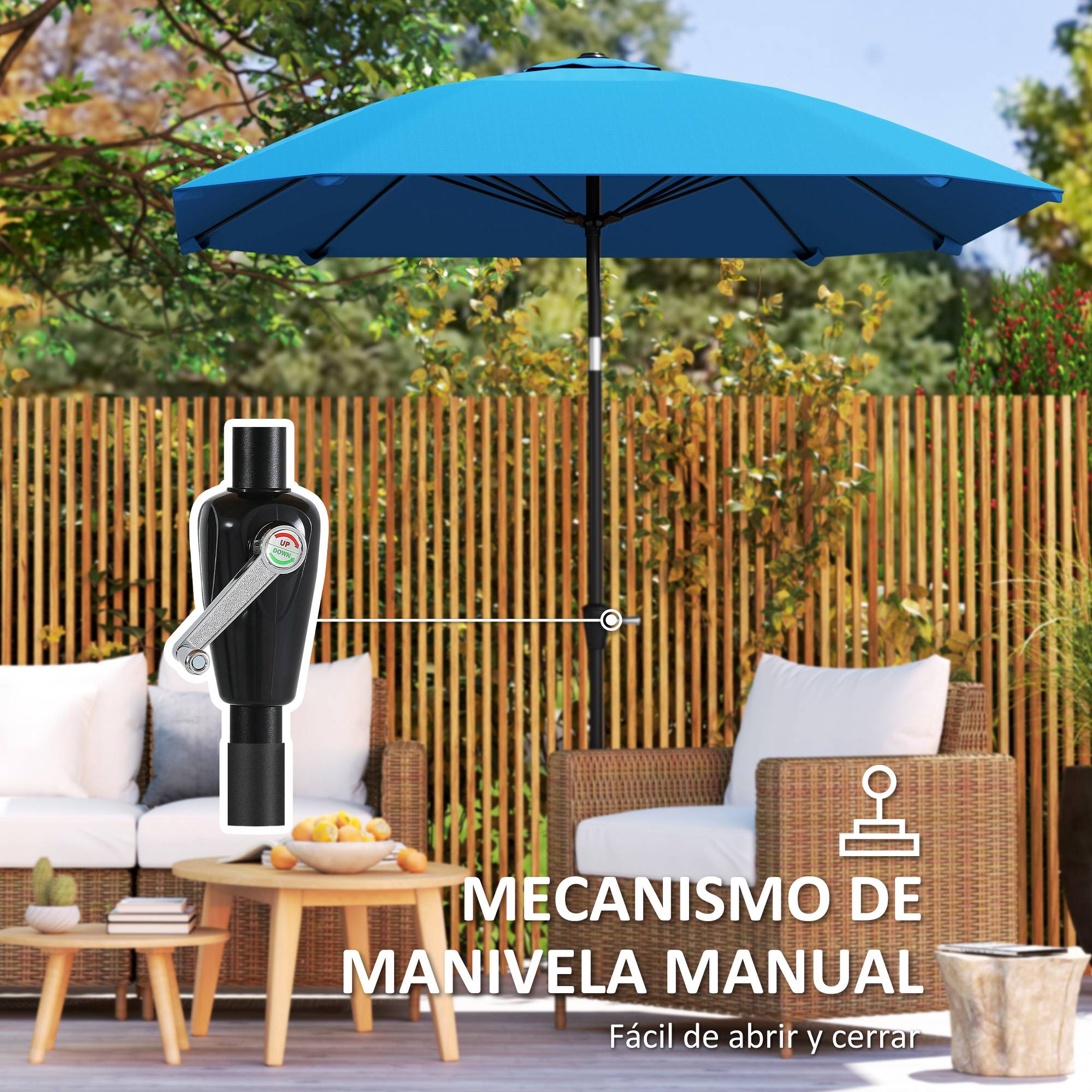 Parasol de jardin 233 x 233 cm, angle réglable, étanche, mât en aluminium, baleines en fibre de verre, manivelle, bleu - Image 8