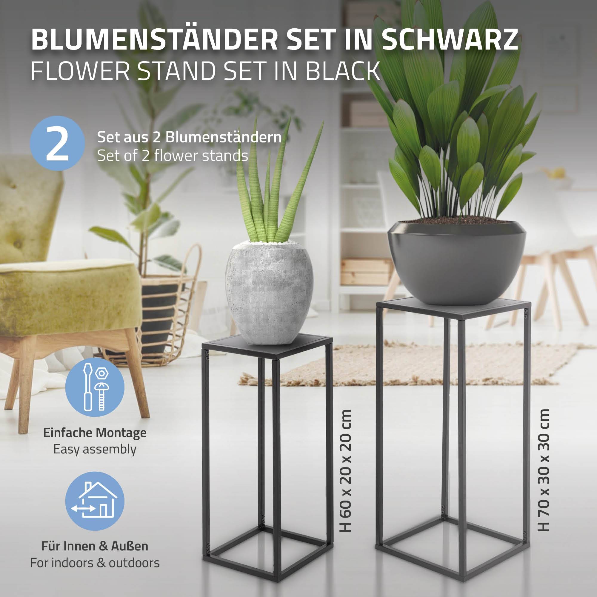 Lot de 2 support pour plantes boîte pot à fleurs métal revêtement en poudre noir - Image 2