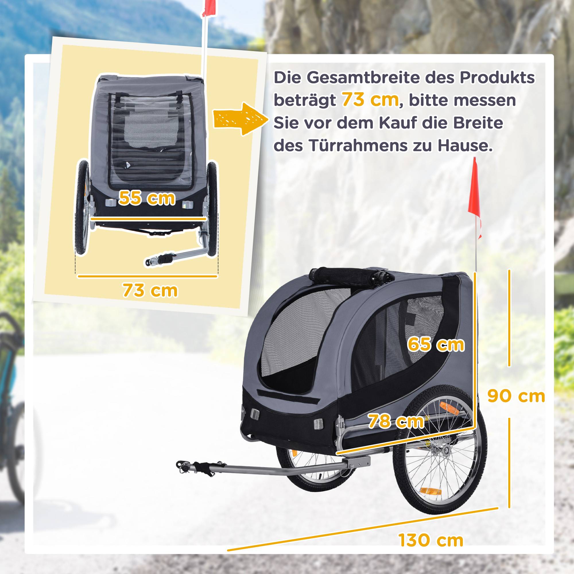 Remorque de vélo pour chien, transporteur animal gris-noir, 130x73x90cm, pour sorties sécurisées avec votre chien - Image 3