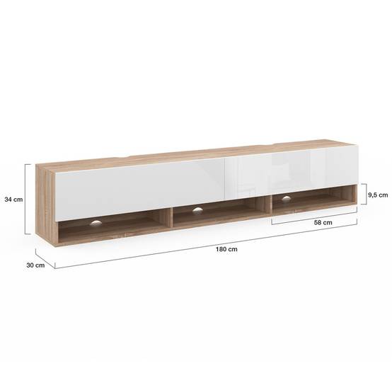 Meuble TV 180 cm suspendu ELIO 2 portes avec étagère bois et blanc - Image 5