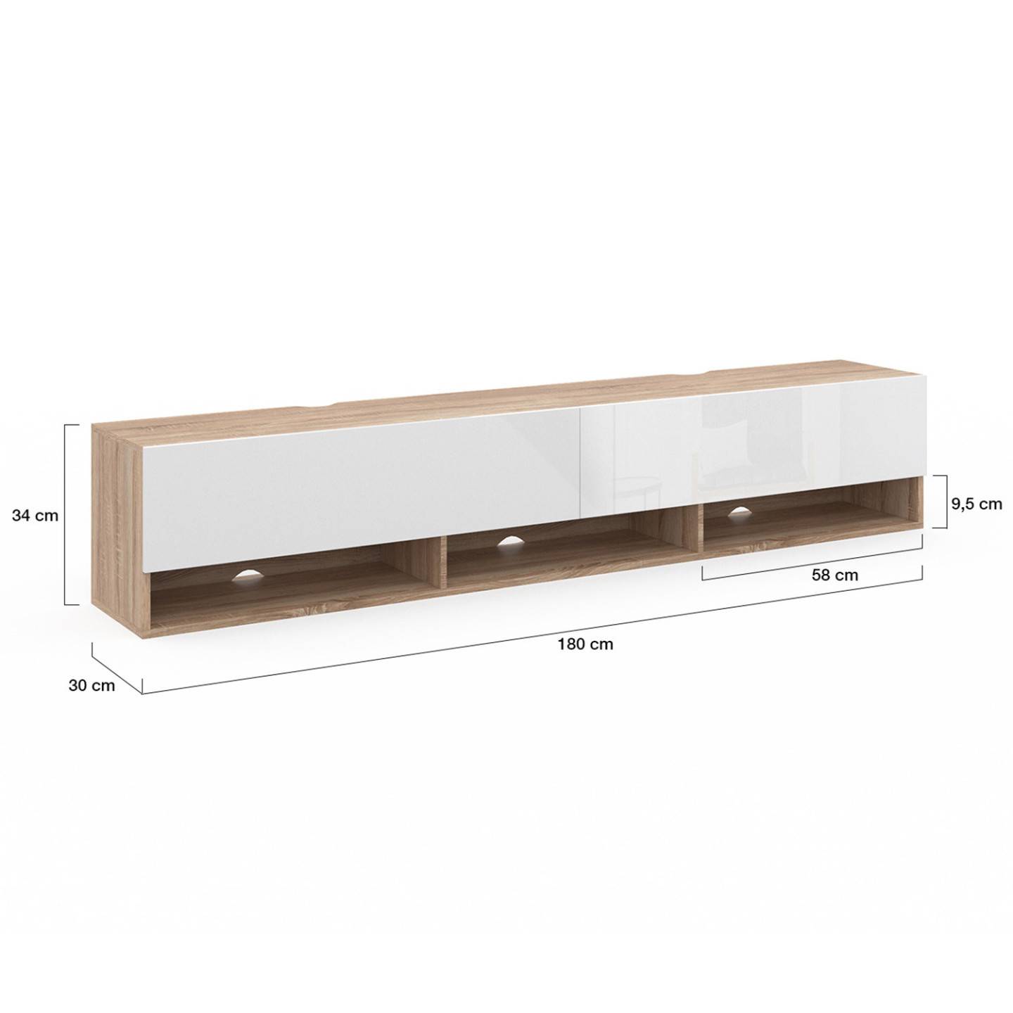 Meuble TV 180 cm suspendu ELIO 2 portes avec étagère bois et blanc - Image 5