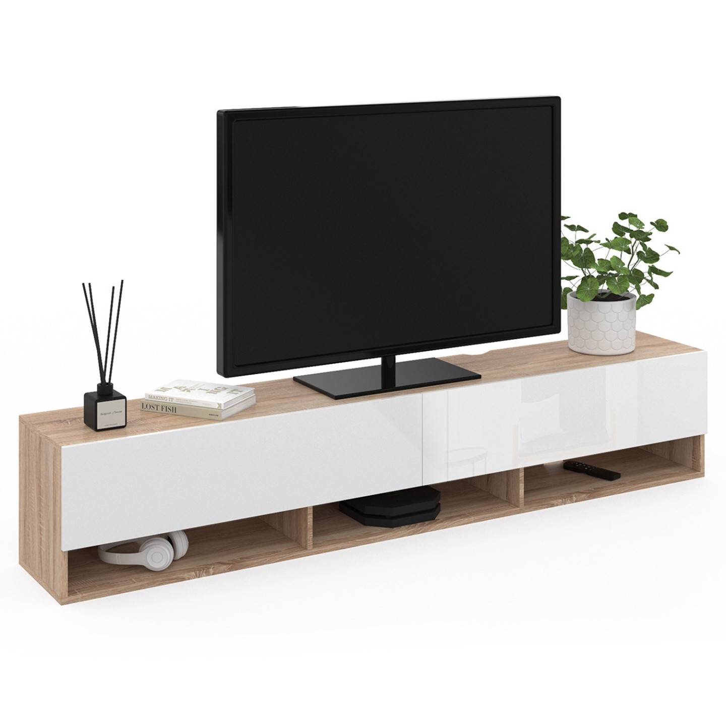 Meuble TV 180 cm suspendu ELIO 2 portes avec étagère bois et blanc - Image 2