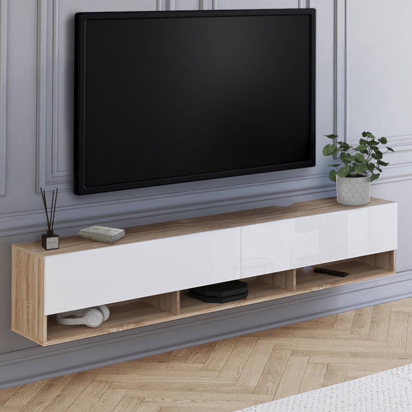 Meuble TV 180 cm suspendu ELIO 2 portes avec étagère bois et blanc - Image 1