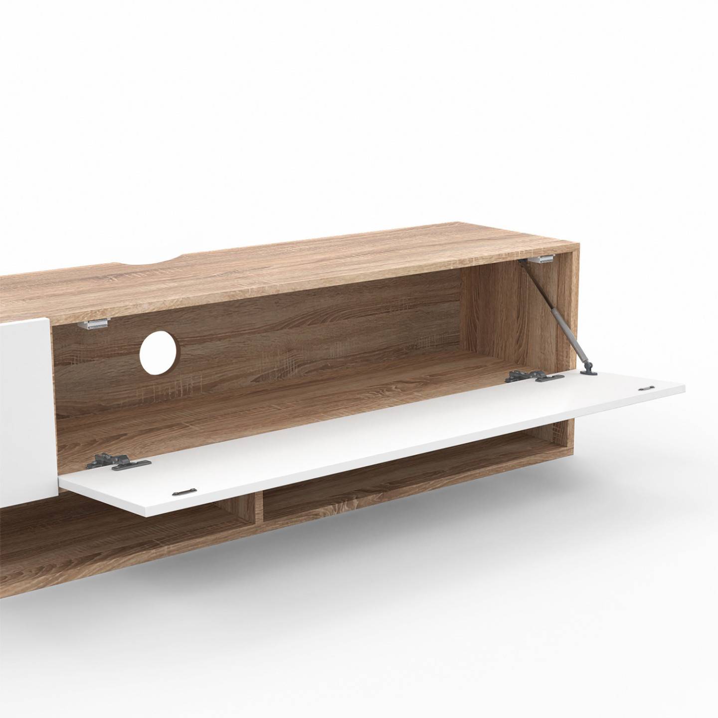 Meuble TV 180 cm suspendu ELIO 2 portes avec étagère bois et blanc - Image 6